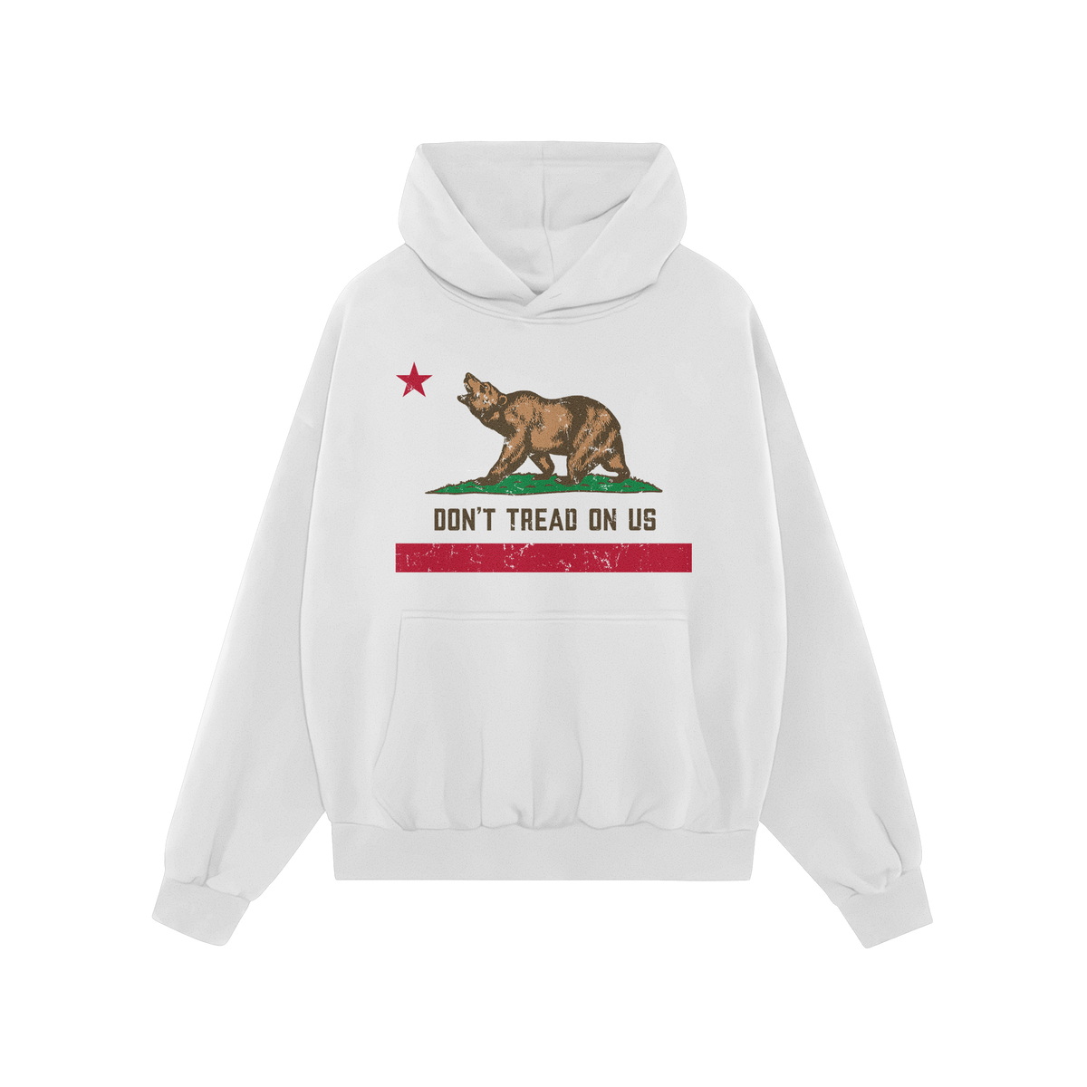 California Gadsden Flag Shirt featuring a white pullover hoodie with a red star, brown bear on grass, and DON'T TREAD ON US m