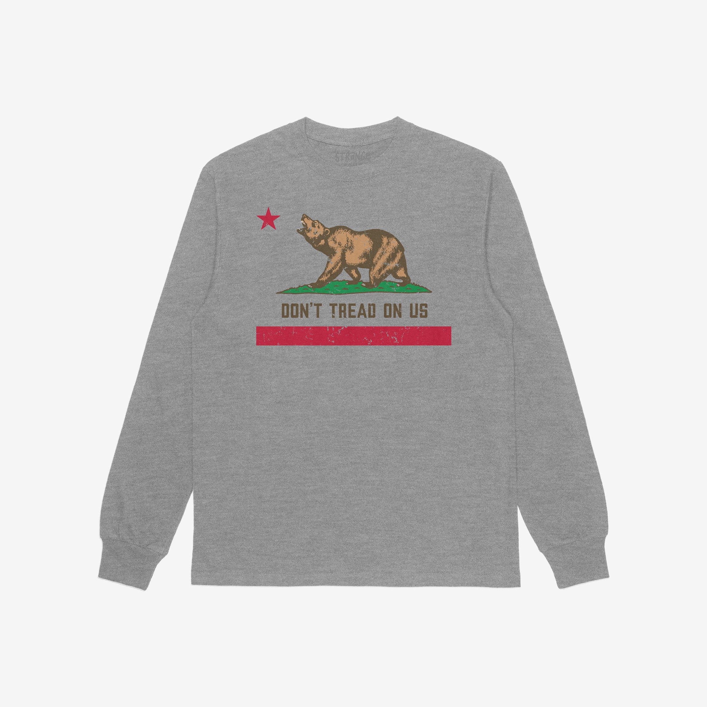 California Gadsden Flag Shirt: Heather-gray long-sleeve T-shirt with a bear graphic, red star, and DON’T TREAD ON US slogan, symbolizing resistance against MAGA and fascism, supporting justice and equality.