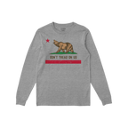 California Gadsden Flag Shirt: Heather-gray long-sleeve T-shirt with a bear graphic, red star, and DON’T TREAD ON US slogan