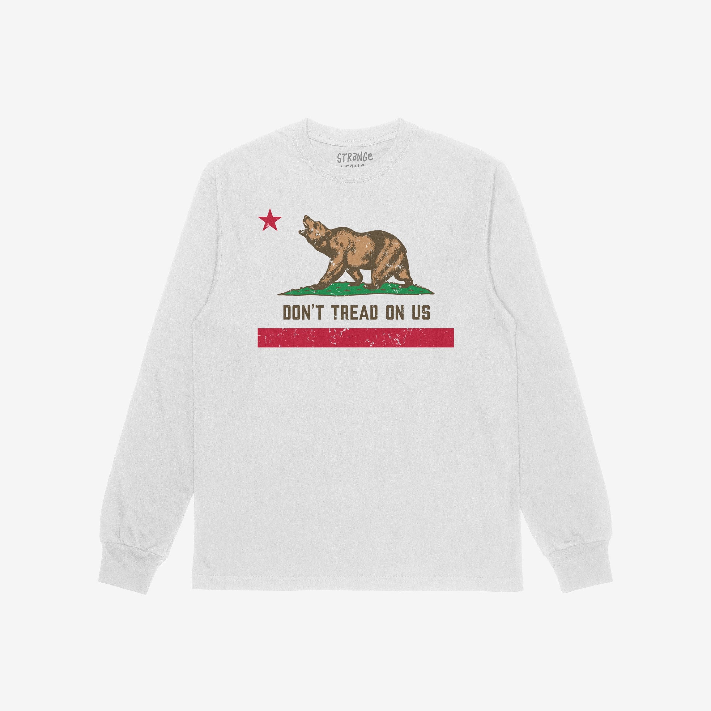 California Gadsden Flag Shirt featuring a stylized California flag motif with a brown bear, red star, and Don't Tread On Us slogan, symbolizing bold state pride and protest power.