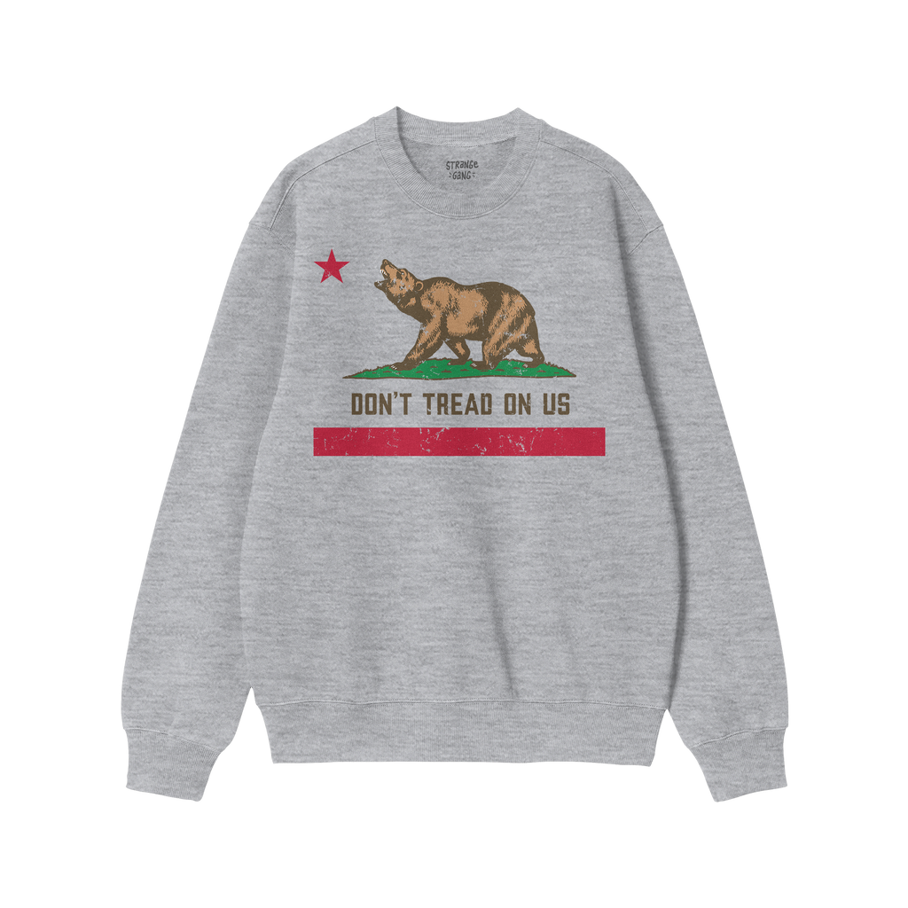 Heather-gray crewneck sweatshirt featuring the California Gadsden Flag Shirt design: a bear on grass, red star above, “DON�