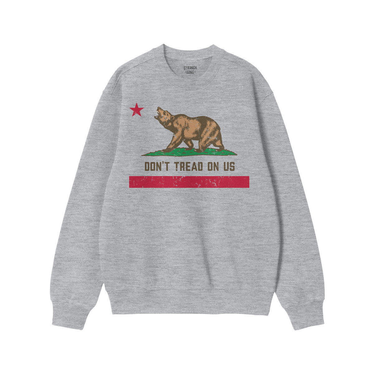 Heather-gray crewneck sweatshirt featuring the California Gadsden Flag Shirt design: a bear on grass, red star above, “DON�