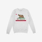 California Gadsden Flag Shirt: White crewneck sweatshirt featuring a distressed graphic of a bear on grass, with DON'T TREAD ON US slogan, echoing California's bear flag. Advocates against fascism and supports equality.