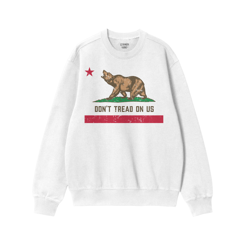 California Gadsden Flag Shirt: White crewneck sweatshirt featuring a distressed graphic of a bear on grass, with DON'T TREAD 