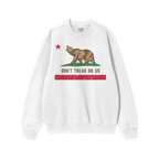 California Gadsden Flag Shirt: White crewneck sweatshirt featuring a distressed graphic of a bear on grass, with DON'T TREAD 