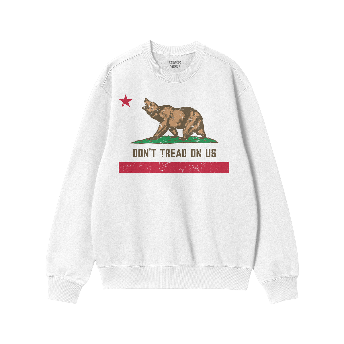 California Gadsden Flag Shirt: White crewneck sweatshirt featuring a distressed graphic of a bear on grass, with DON'T TREAD 