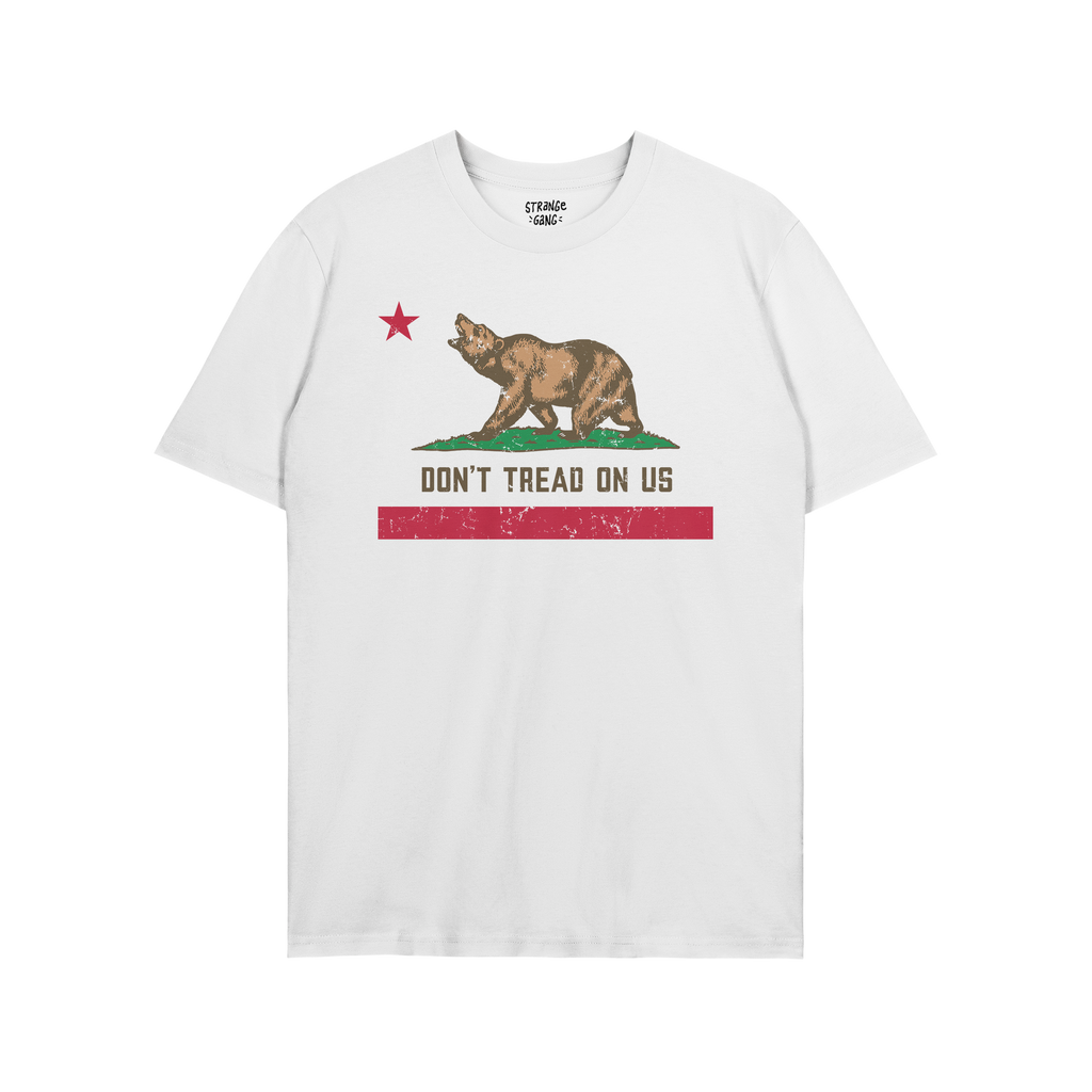 California Gadsden Flag Shirt featuring a brown bear on green grass, a red star, DON’T TREAD ON US text, and distressed red