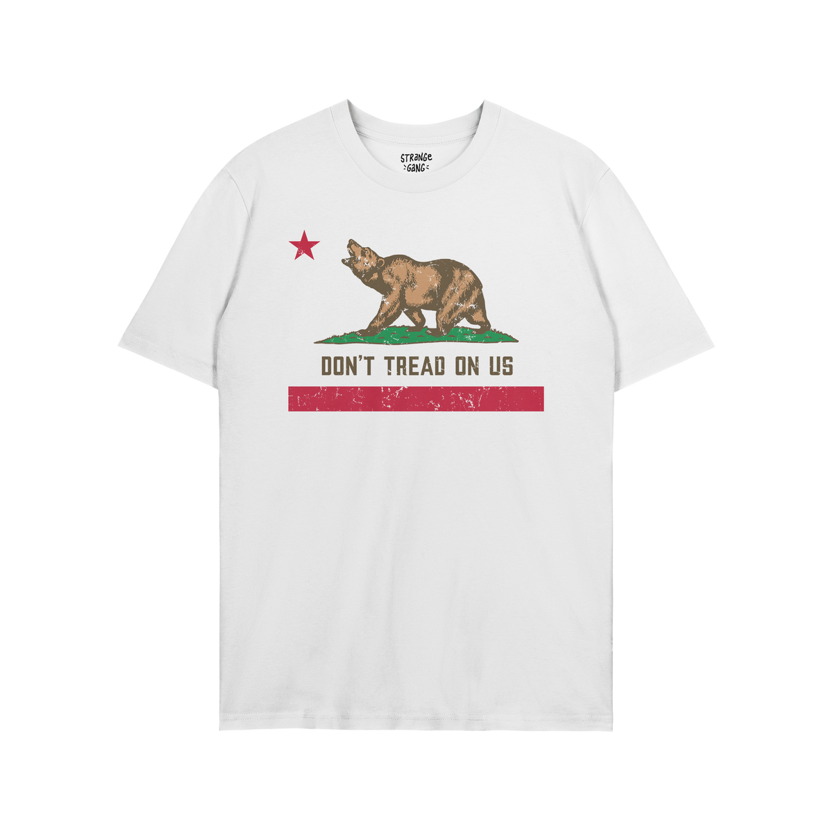 California Gadsden Flag Shirt featuring a brown bear on green grass, a red star, DON’T TREAD ON US text, and distressed red