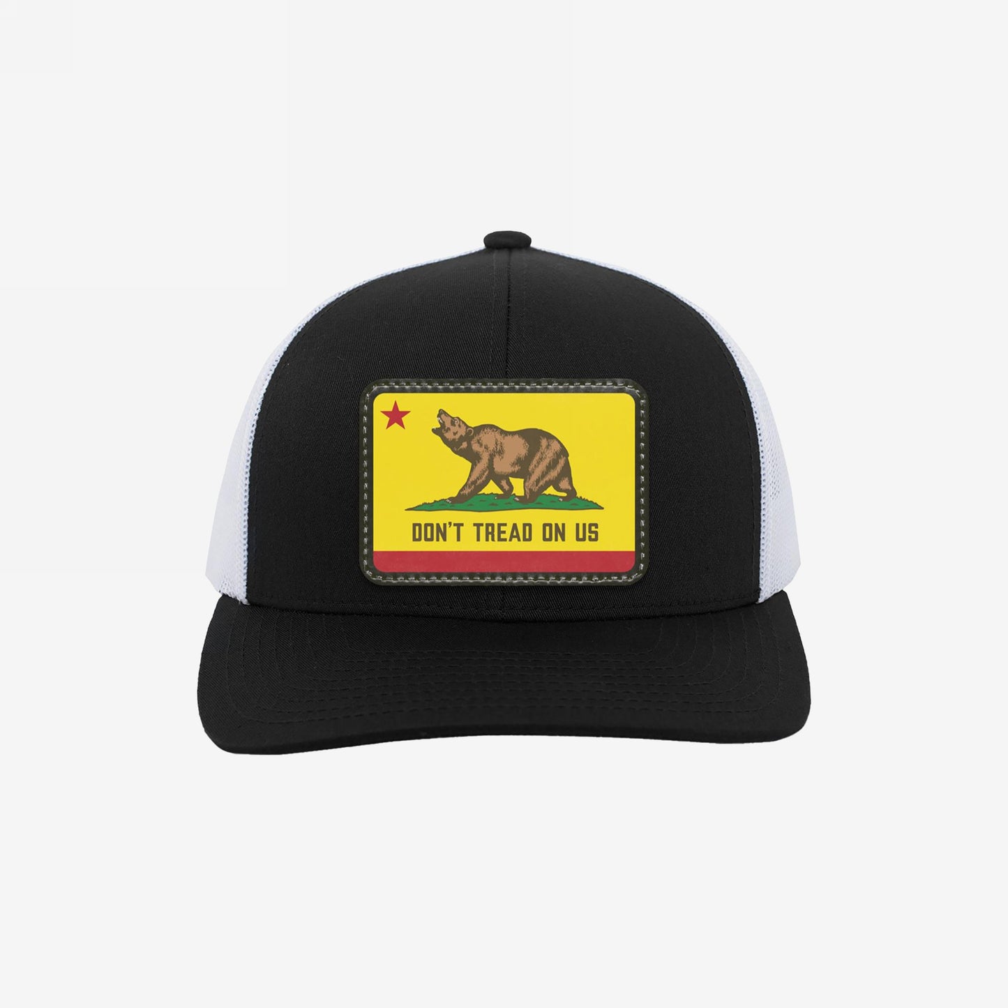 California Gadsden Flag Trucker Hat with a yellow patch featuring a bear, red star, and DON'T TREAD ON US text. Represents unity and defiance with an adjustable mesh back.