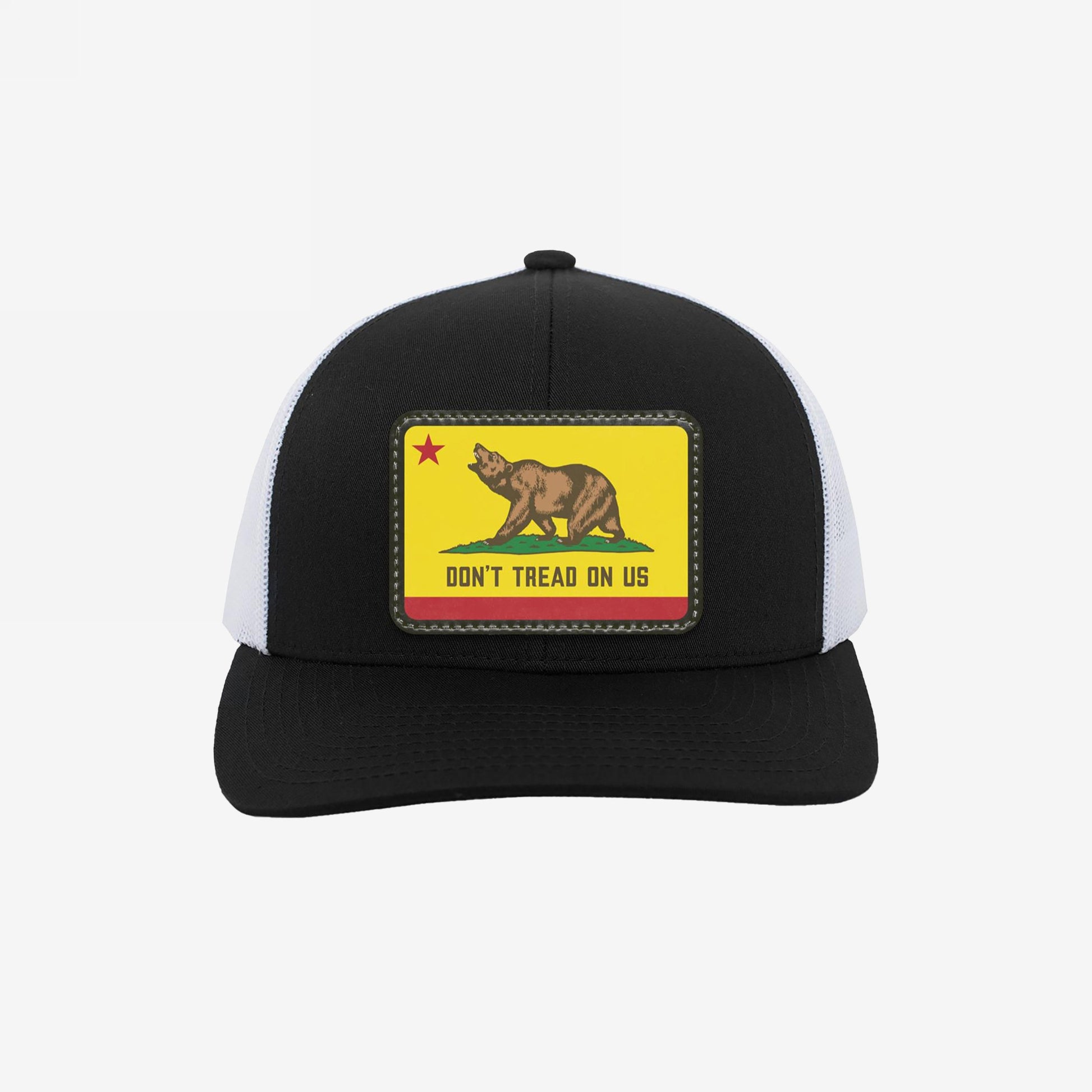 California Gadsden Flag Trucker Hat with a yellow patch featuring a bear, red star, and DON'T TREAD ON US text. Represents unity and defiance with an adjustable mesh back.