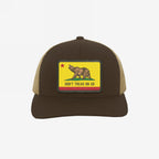California Gadsden Flag Trucker Hat features a bold bear patch with Don't Tread On Us, symbolizing resistance and unity. Two-tone design with mesh back and adjustable fit for defiant comfort.