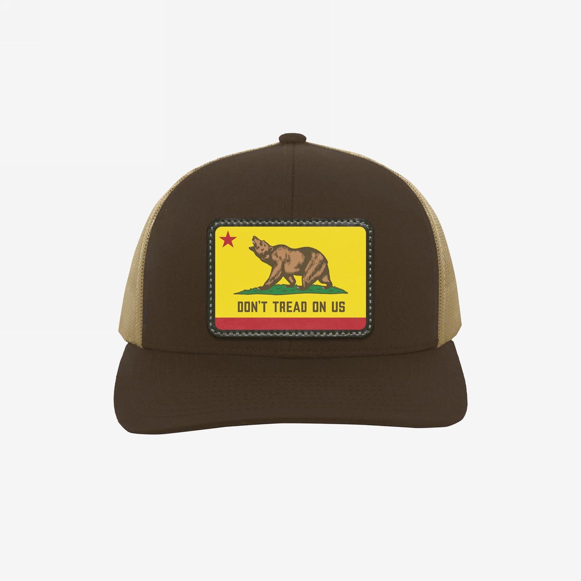 California Gadsden Flag Trucker Hat features a bold bear patch with Don't Tread On Us, symbolizing resistance and unity. Two-tone design with mesh back and adjustable fit for defiant comfort.