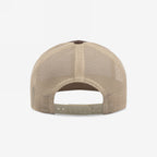 California Gadsden Flag Trucker Hat showcasing a tan mesh back with an embossed PACIFIC on the adjustable snapback closure, symbolizing unity and resistance through its bold design.