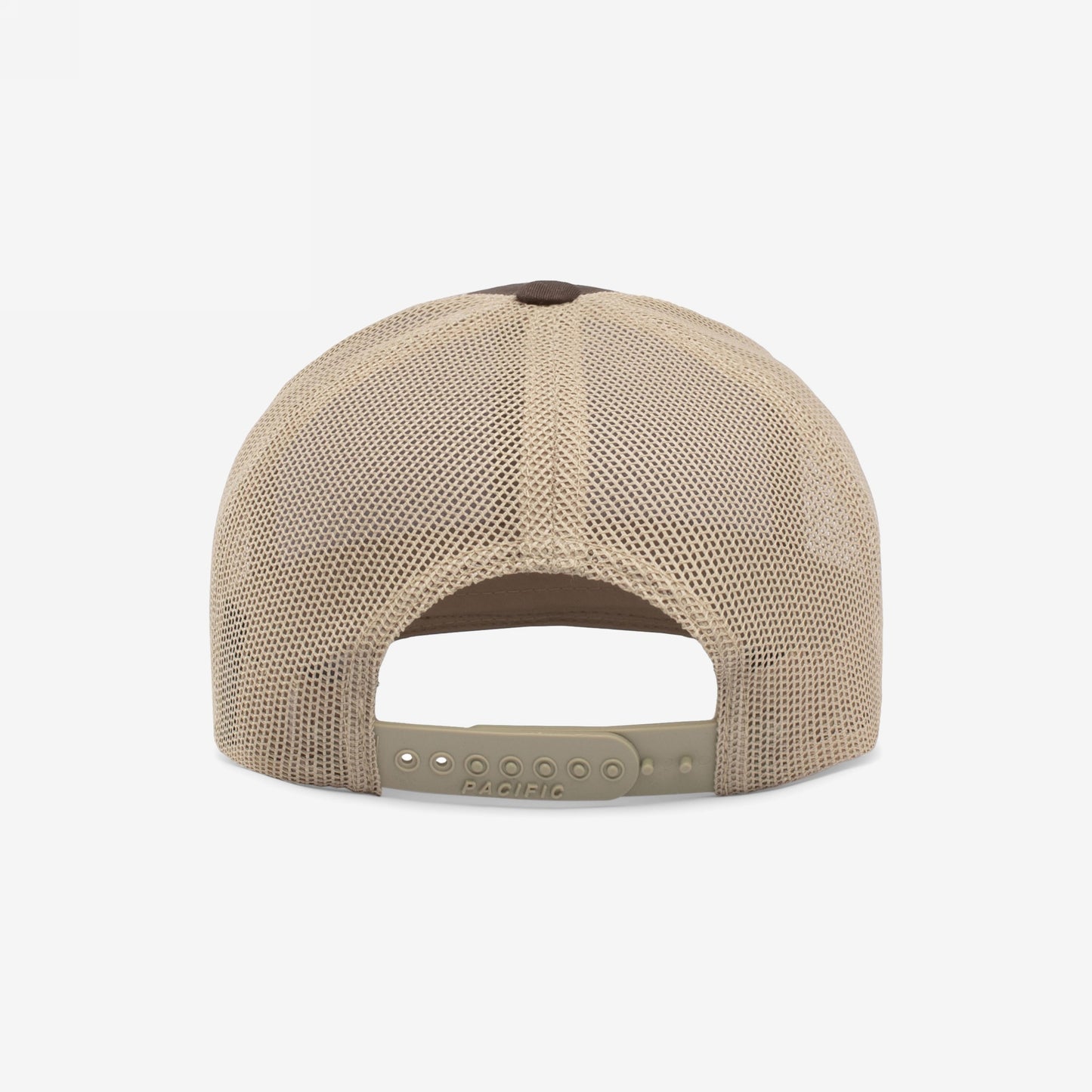 California Gadsden Flag Trucker Hat showcasing a tan mesh back with an embossed PACIFIC on the adjustable snapback closure, symbolizing unity and resistance through its bold design.