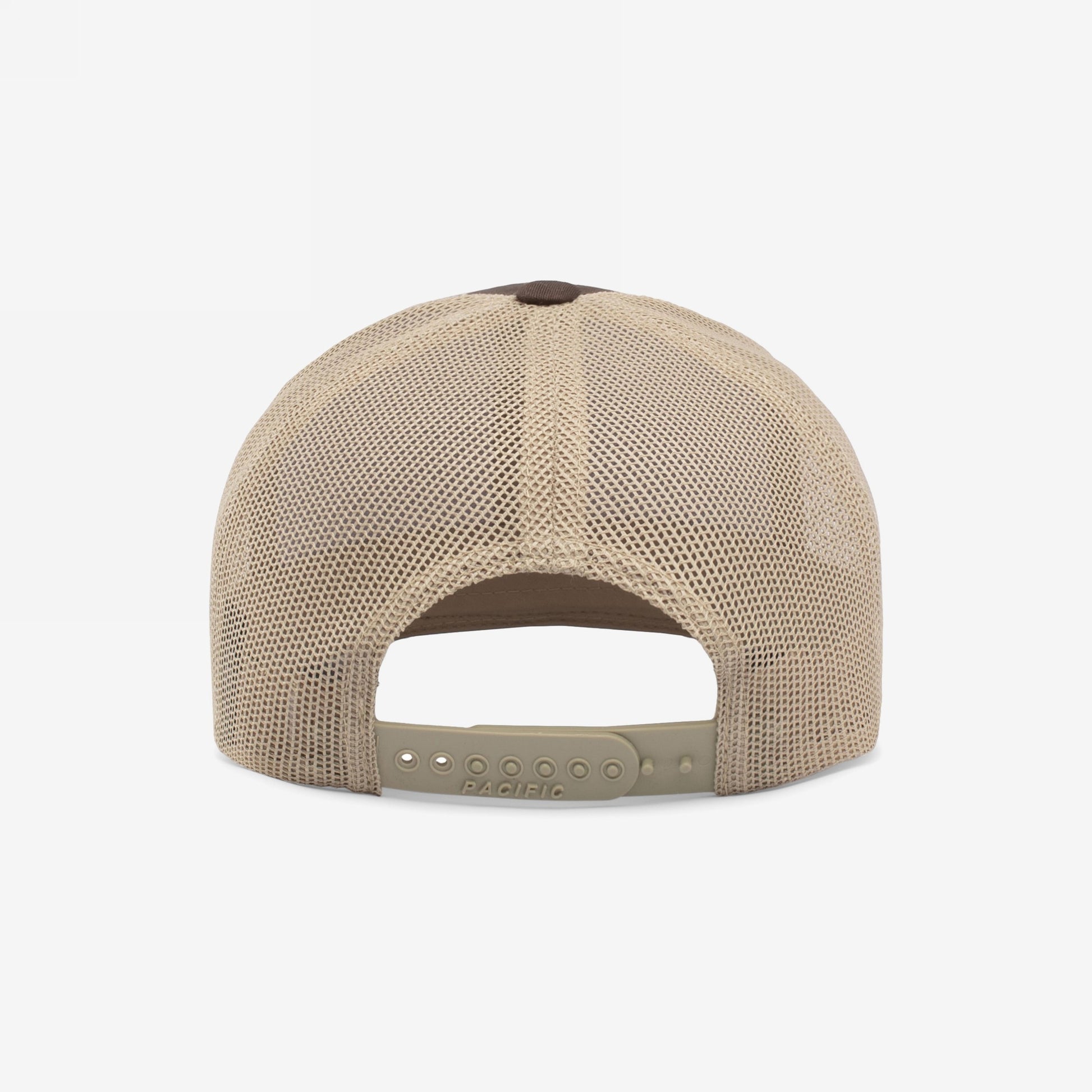 California Gadsden Flag Trucker Hat showcasing a tan mesh back with an embossed PACIFIC on the adjustable snapback closure, symbolizing unity and resistance through its bold design.