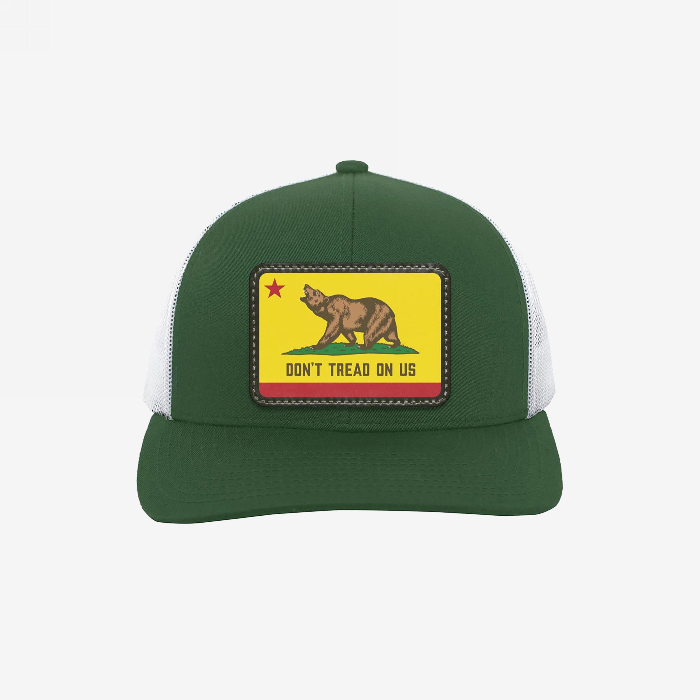 California Gadsden Flag Trucker Hat features a bold bear and DON'T TREAD ON US patch, embodying defiance and unity. With mesh back and adjustable fit, it symbolizes resistance and equality.