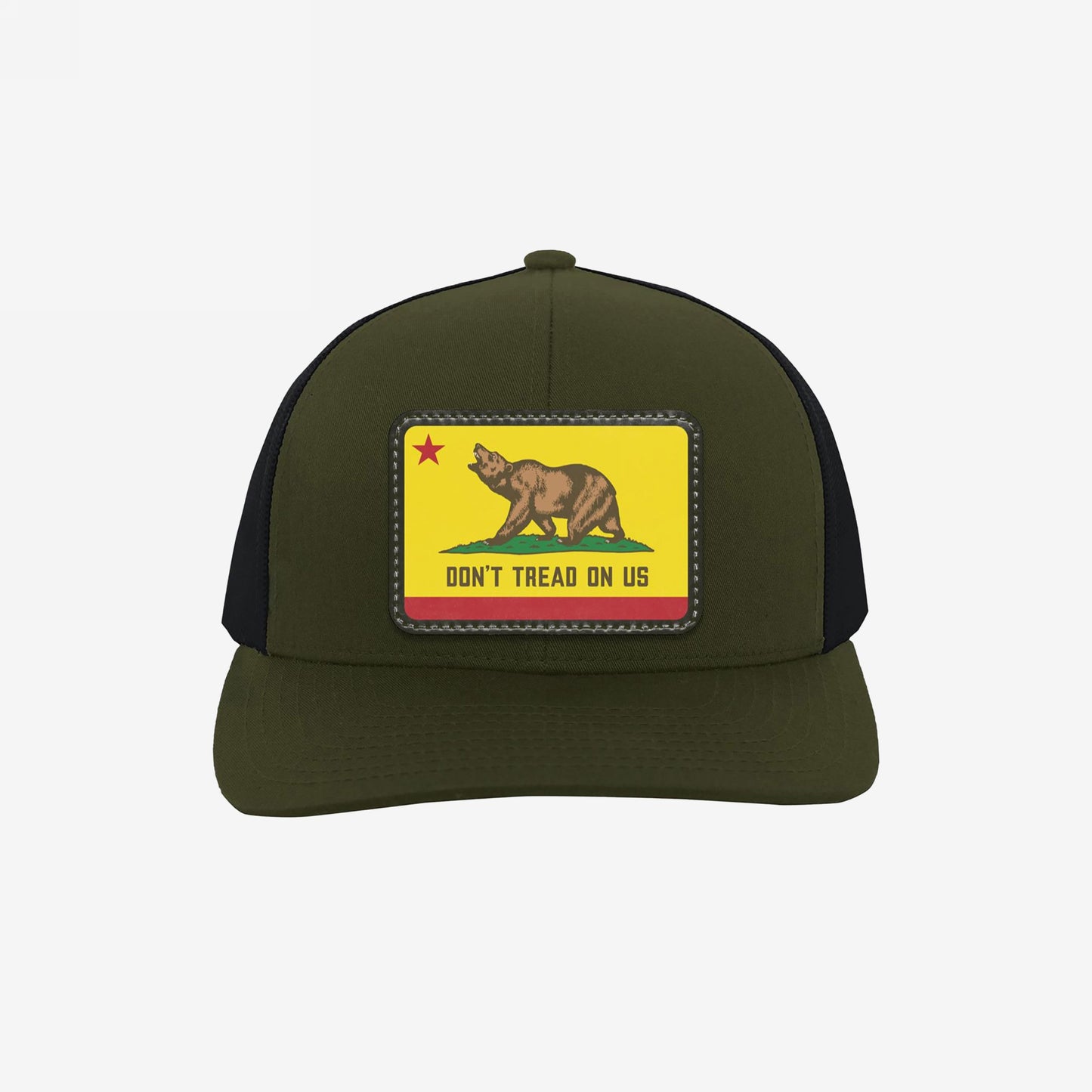 California Gadsden Flag Trucker Hat with an olive front and black mesh back. Features a leatherette patch with a bear and the phrase “DON’T TREAD ON US,” symbolizing defiance and unity.