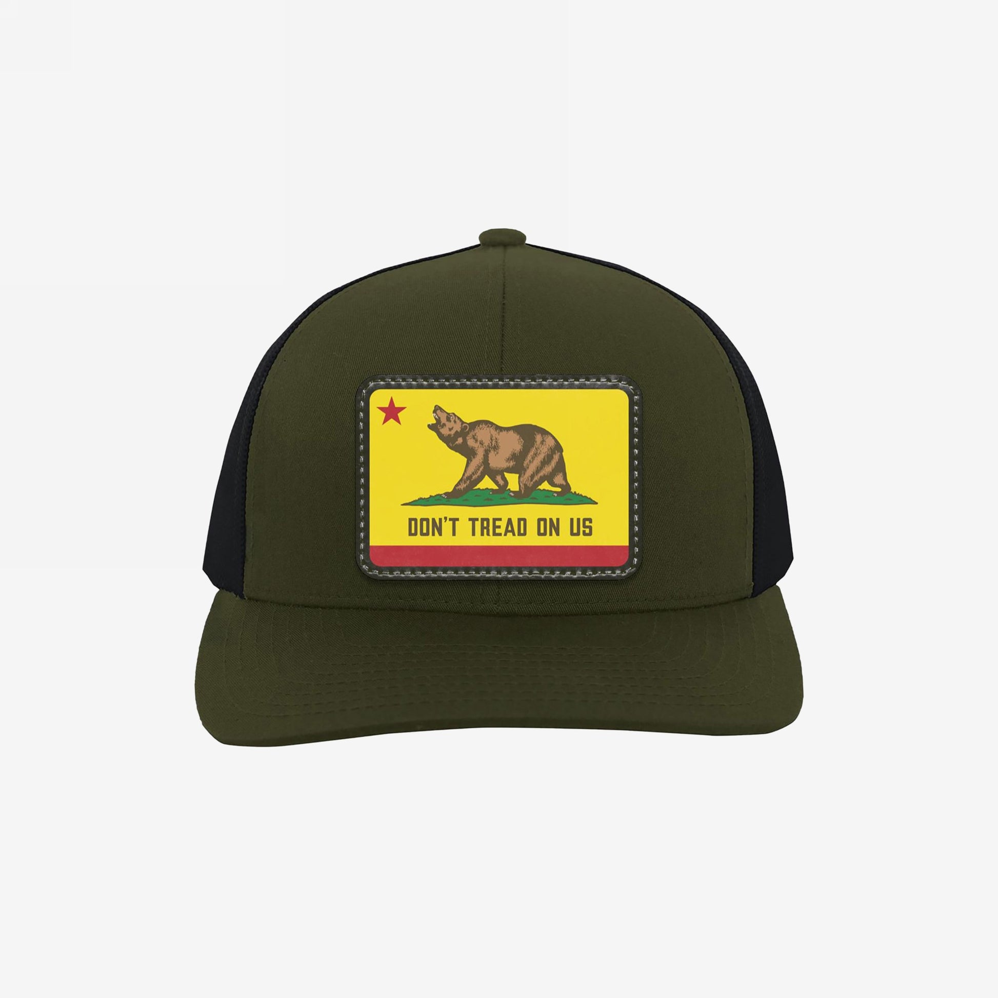 California Gadsden Flag Trucker Hat with an olive front and black mesh back. Features a leatherette patch with a bear and the phrase “DON’T TREAD ON US,” symbolizing defiance and unity.