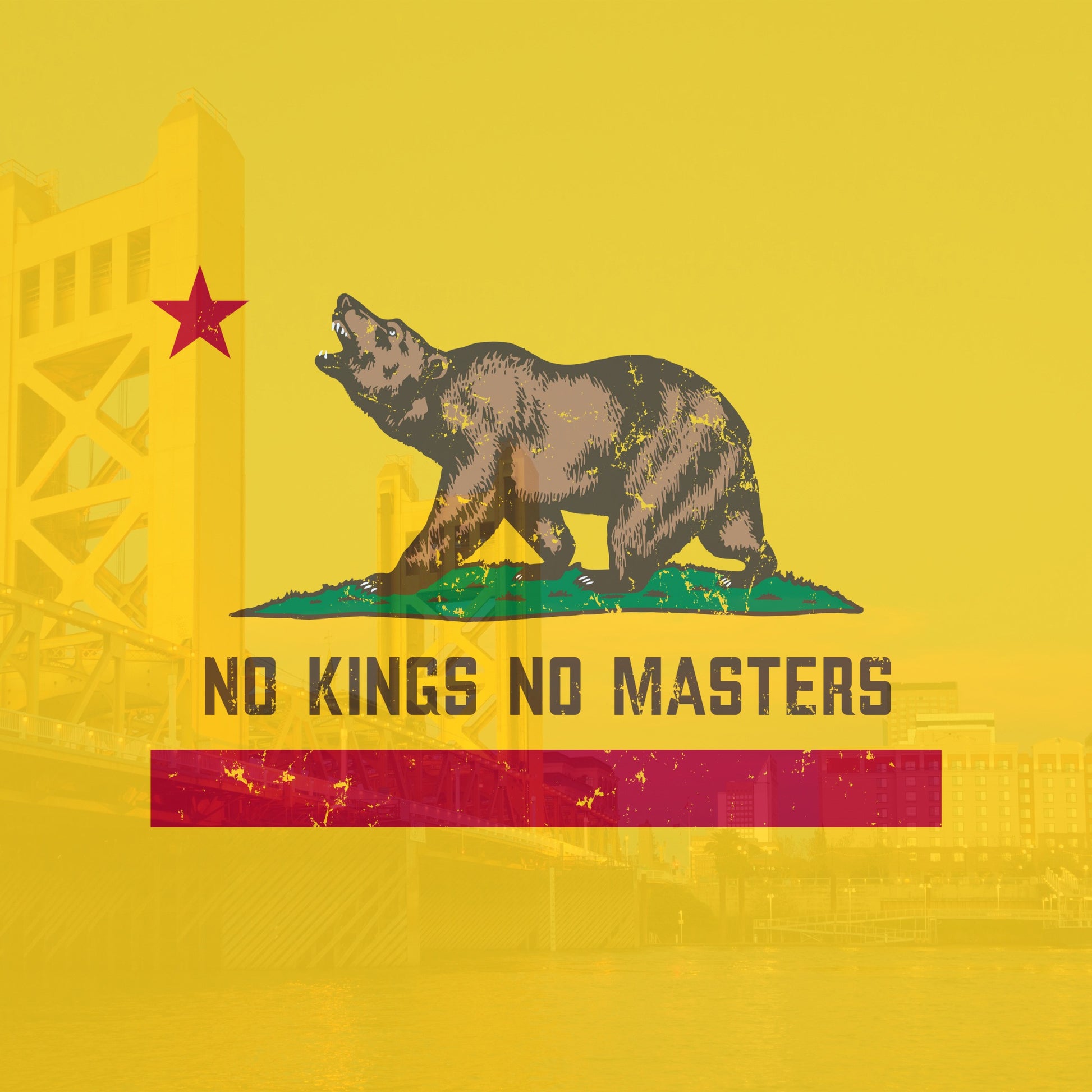 California No Kings Flag Shirt features a roaring bear and NO KINGS NO MASTERS slogan, inspired by the California Bear Flag, symbolizing autonomy and rebellion against authoritarianism.