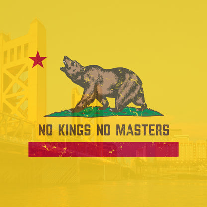 California No Kings Flag Shirt features a roaring bear and NO KINGS NO MASTERS slogan, inspired by the California Bear Flag, symbolizing autonomy and rebellion against authoritarianism.