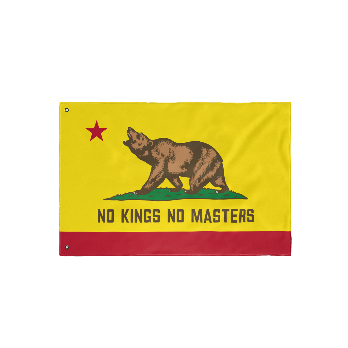 California No Kings Flag featuring a brown bear on grass with the slogan “NO KINGS NO MASTERS.” Ideal for expressing resi