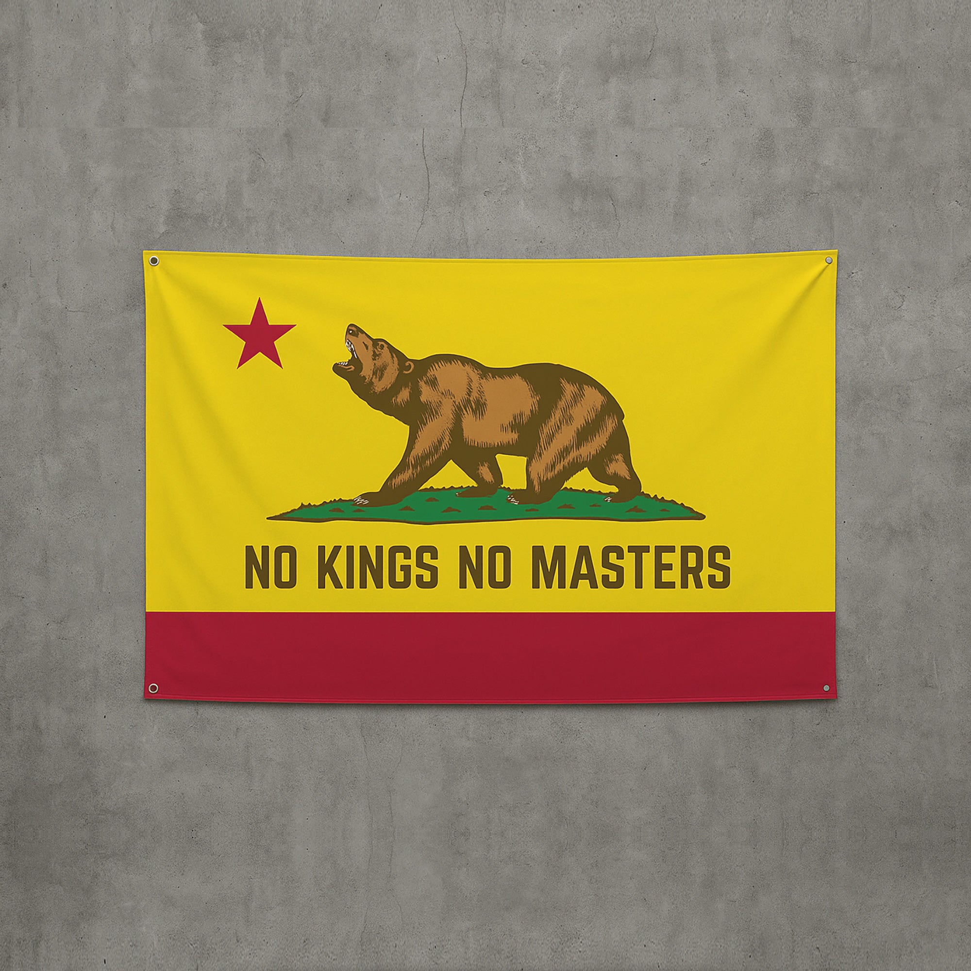 California No Kings Flag with a brown bear and red star on yellow, featuring NO KINGS NO MASTERS slogan. Symbolizes resistance and pride, ideal for protest or display.
