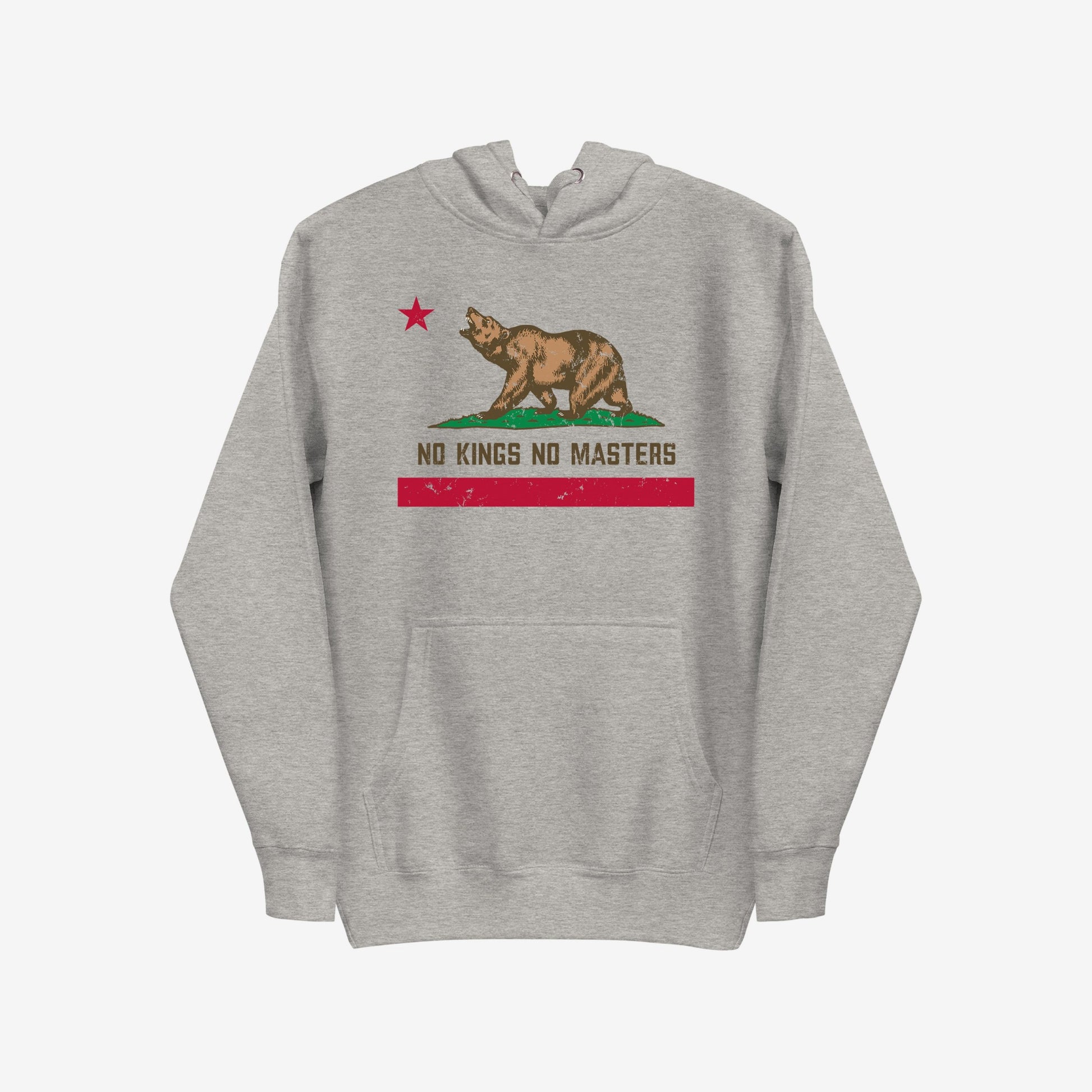 California No Kings Flag Hoodie & Sweatshirt features a stylized bear and anarchist slogan, transforming state symbols into statements. Ideal for those challenging authority with bold, graphic design.
