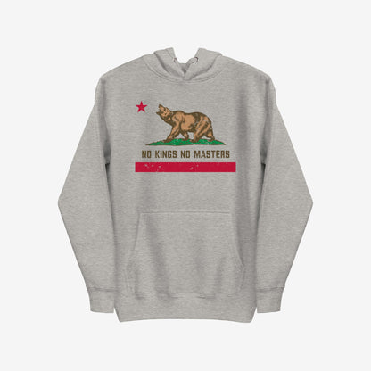 California No Kings Flag Hoodie & Sweatshirt features a stylized bear and anarchist slogan, transforming state symbols into statements. Ideal for those challenging authority with bold, graphic design.