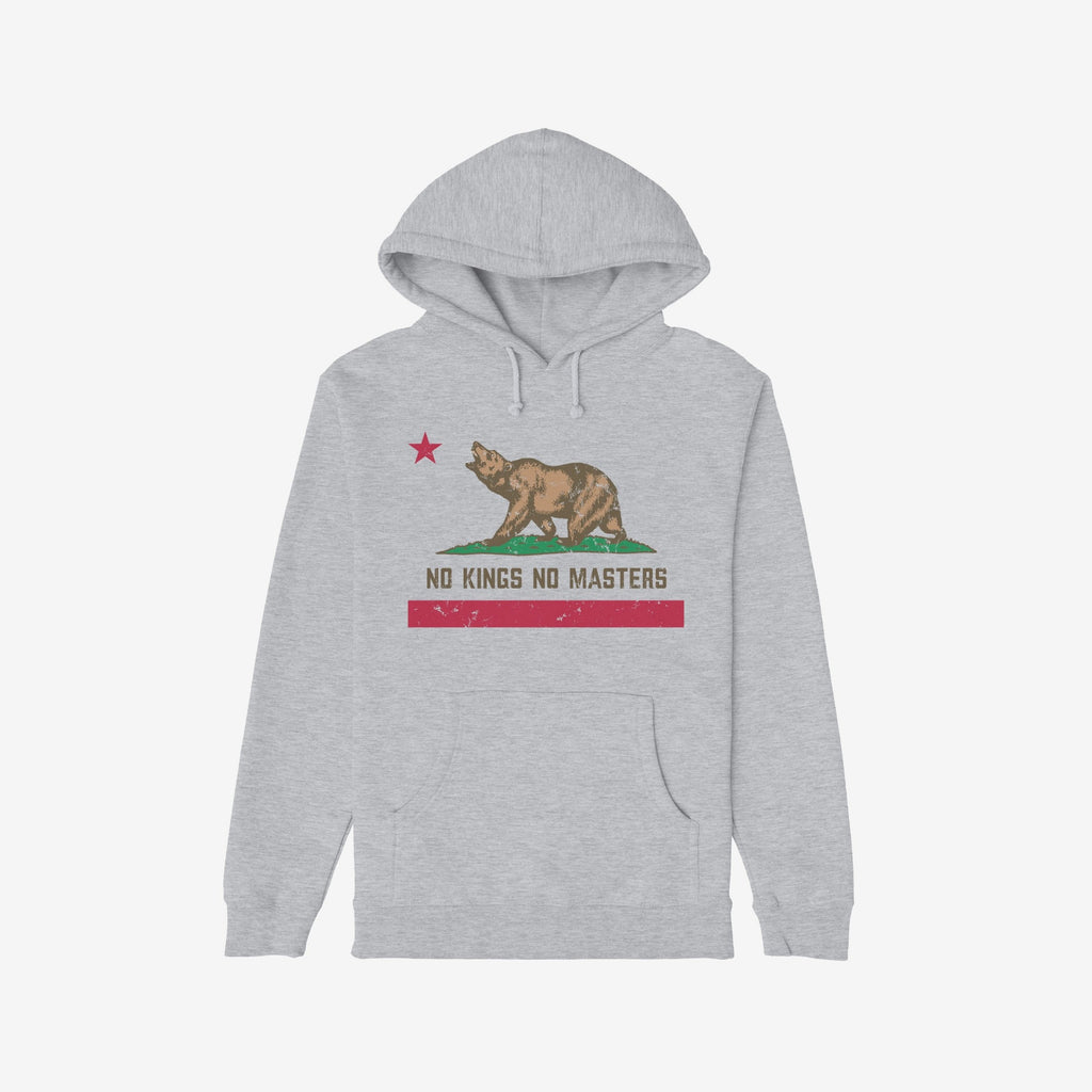 The California No Kings Flag Shirt features a light-gray hoodie with a bear graphic and “NO KINGS NO MASTERS” slogan, inspired by the California flag, symbolizing rebellion and autonomy.
