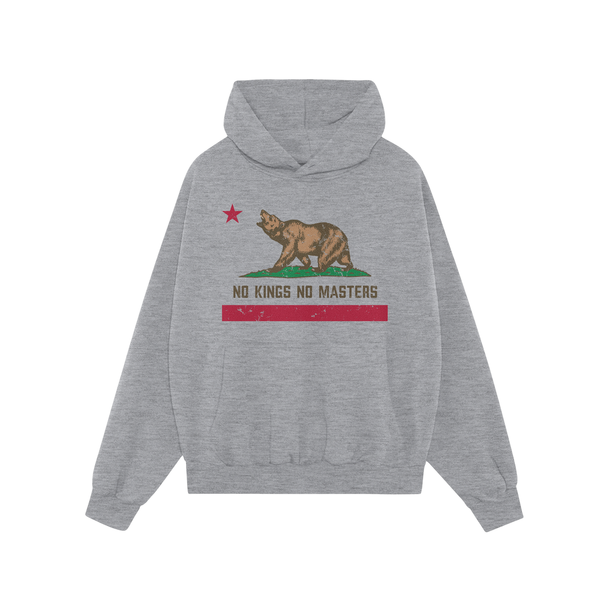The California No Kings Flag Shirt features a light-gray hoodie with a bear graphic and “NO KINGS NO MASTERS” slogan, ins