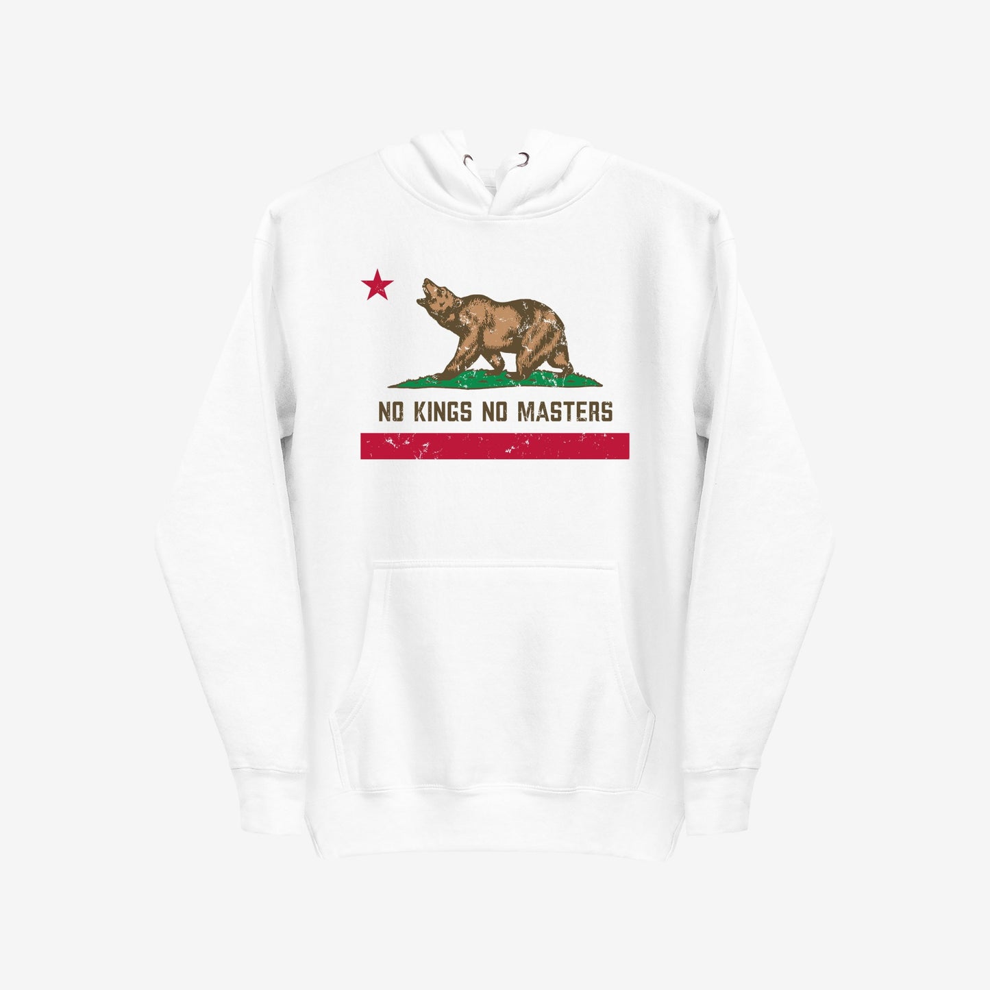 California No Kings Flag Hoodie & Sweatshirt features a bold graphic of a roaring bear with NO KINGS NO MASTERS slogan, embodying empowerment and defiance, ideal for those challenging authority.