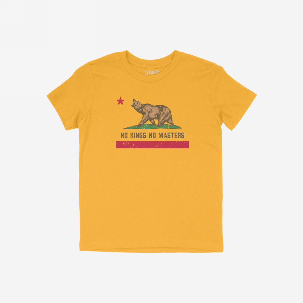 California No Kings Flag Shirt featuring a roaring bear graphic with a red star and stripe, embodies a rebellious spirit against authoritarianism, promoting autonomy and equality. Available in various styles and sizes.