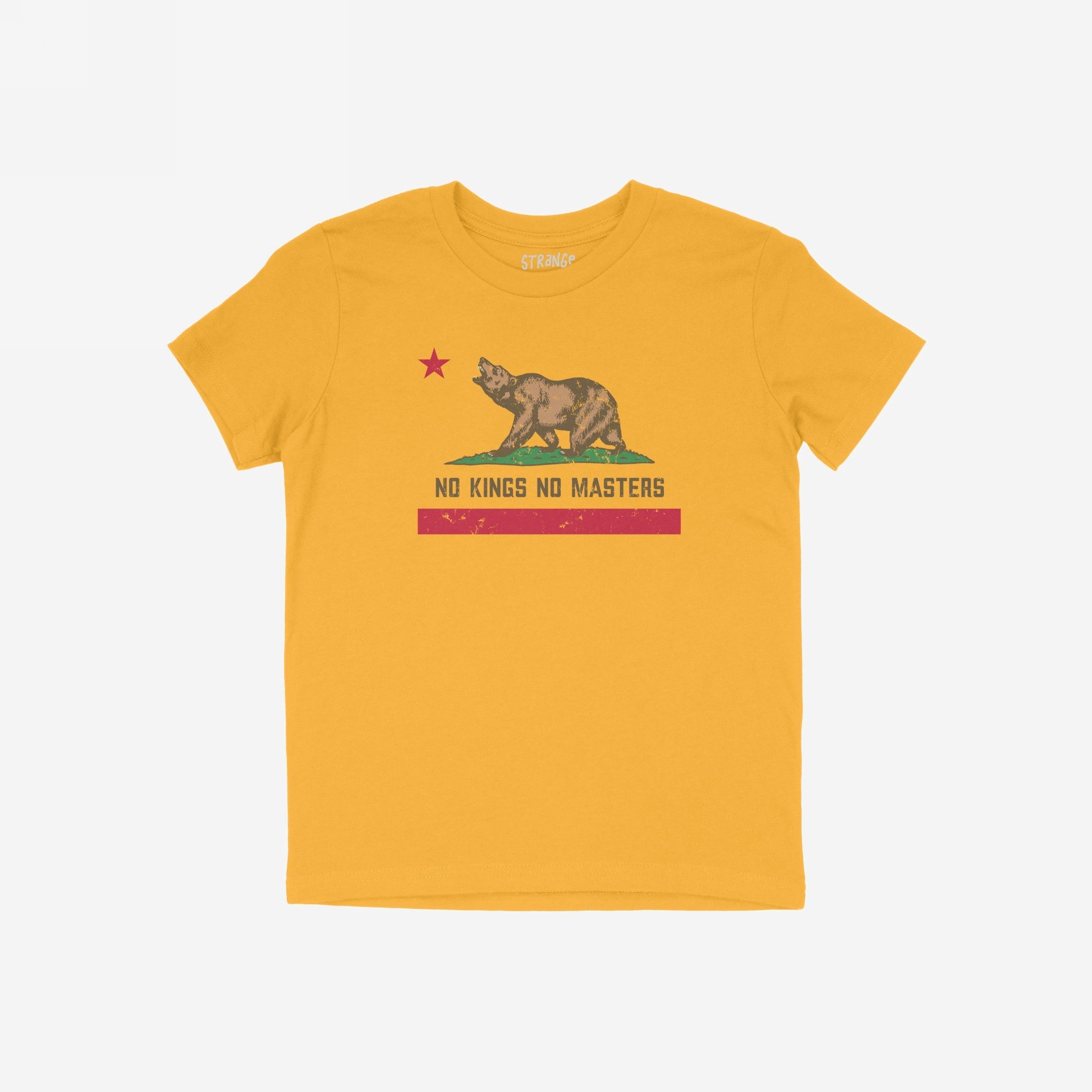 California No Kings Flag Shirt featuring a roaring bear graphic with a red star and stripe, embodies a rebellious spirit against authoritarianism, promoting autonomy and equality. Available in various styles and sizes.