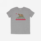 Heather-gray crew-neck T-shirt featuring a stylized roaring bear with a red star, slogan “NO KINGS NO MASTERS,” and distressed red stripe. Emphasizes autonomy, reflecting rebellion and equality themes.