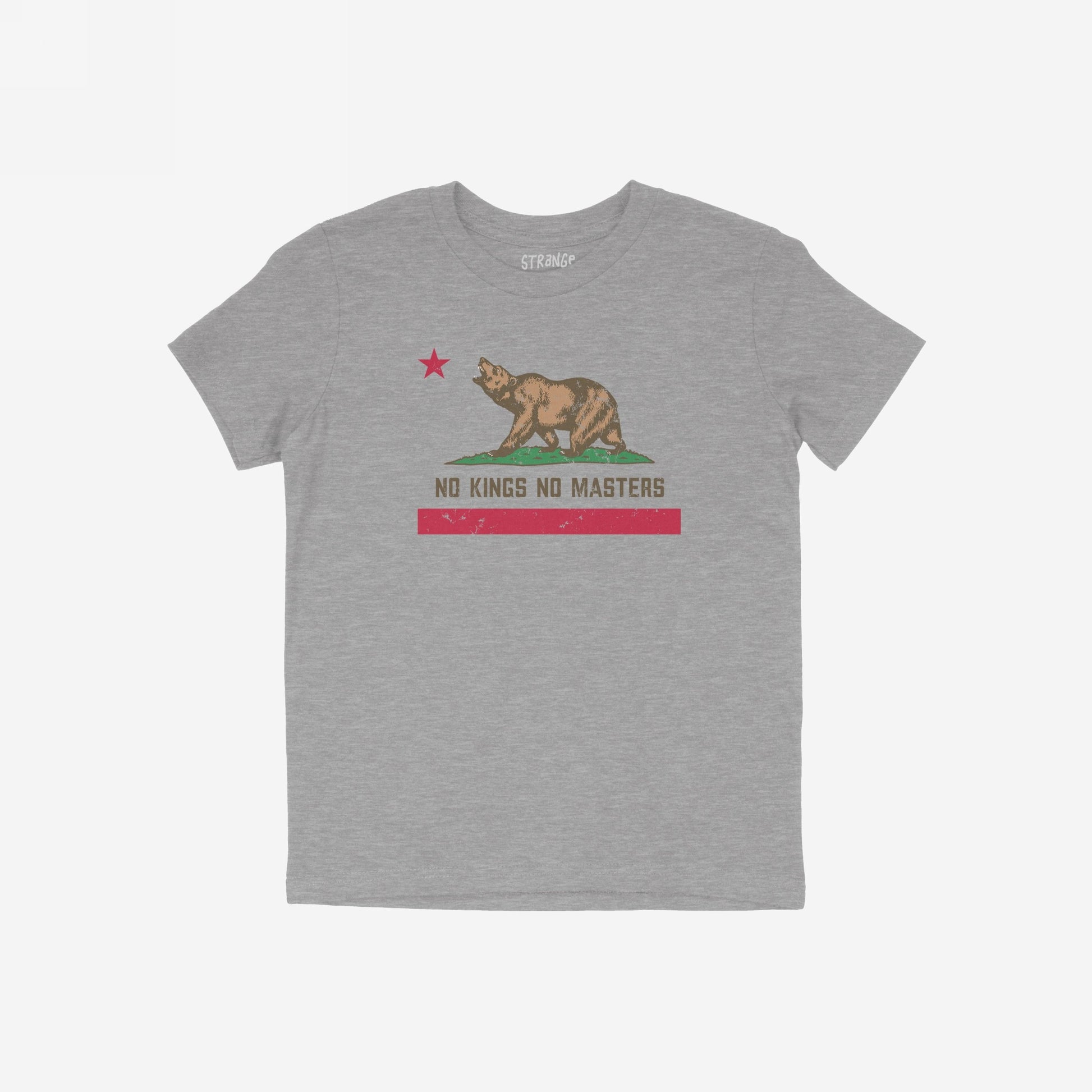 Heather-gray crew-neck T-shirt featuring a stylized roaring bear with a red star, slogan “NO KINGS NO MASTERS,” and distressed red stripe. Emphasizes autonomy, reflecting rebellion and equality themes.