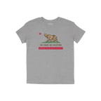 Heather-gray crew-neck T-shirt featuring a stylized roaring bear with a red star, slogan “NO KINGS NO MASTERS,” and distr