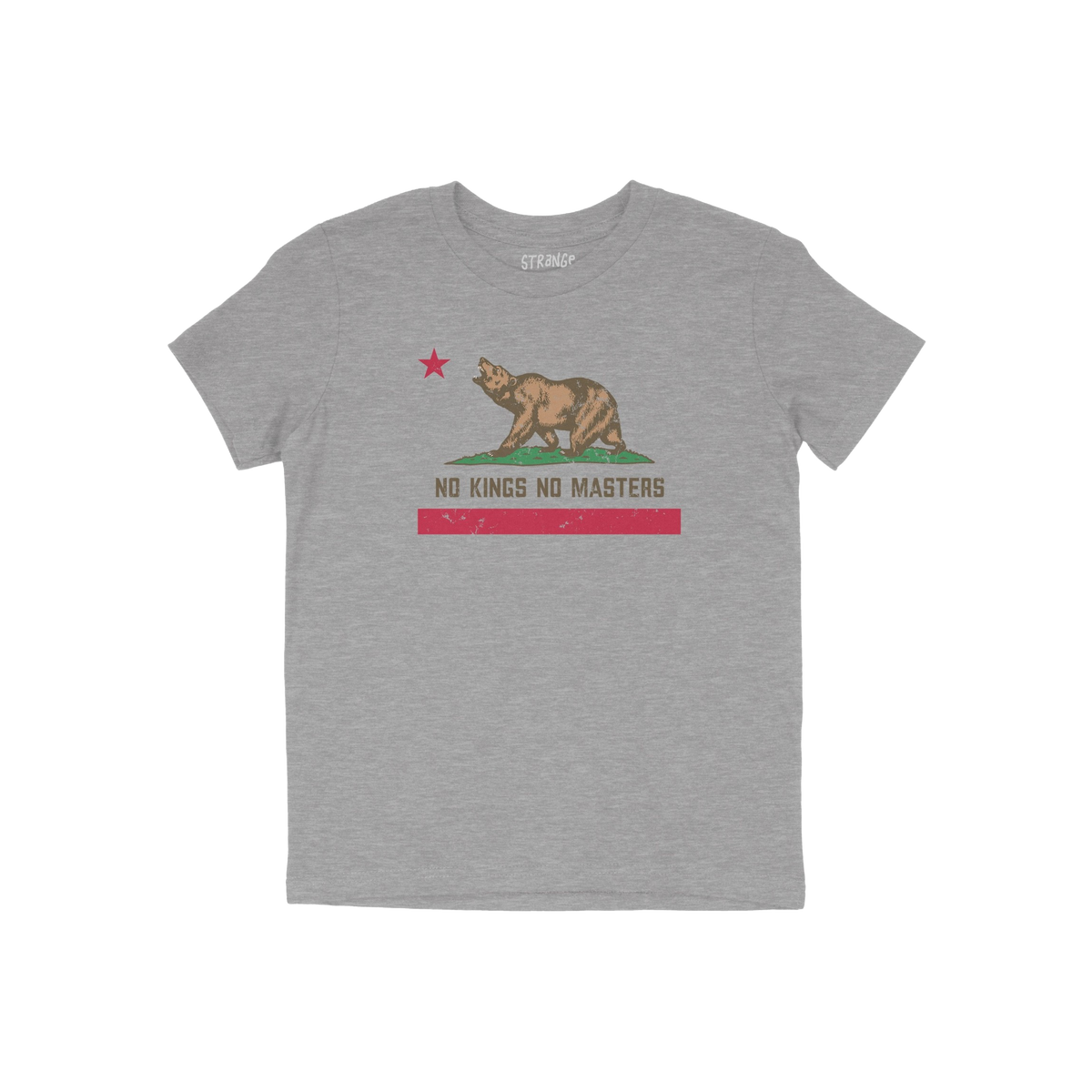 Heather-gray crew-neck T-shirt featuring a stylized roaring bear with a red star, slogan “NO KINGS NO MASTERS,” and distr