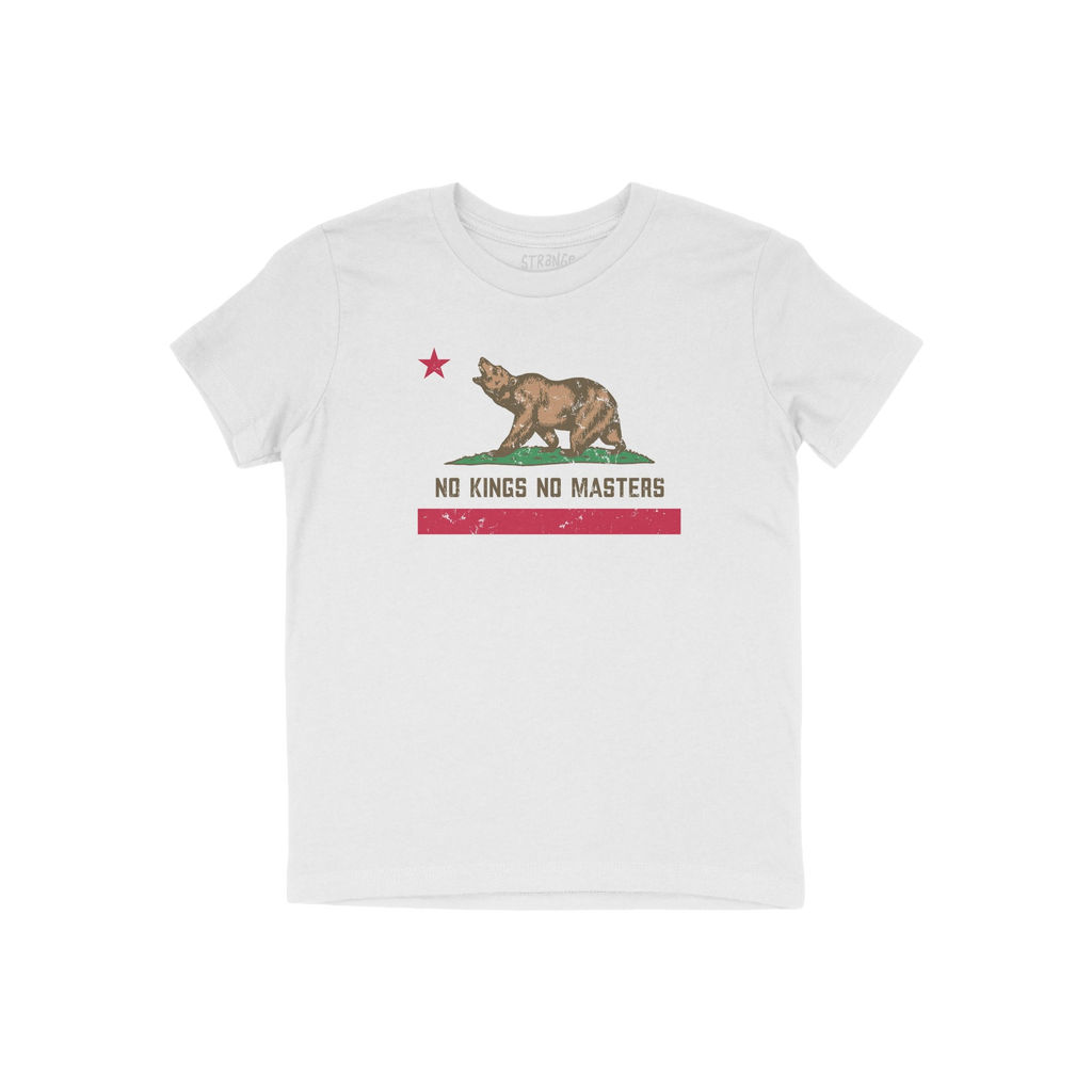 California No Kings Flag Shirt features a bold, rebellious design with a roaring bear and a red star, embodying a call for au