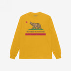 California No Kings Flag Shirt features a brown bear roaring on green grass, red star above, with the slogan NO KINGS NO MASTERS beneath, embodying autonomy and rebellion.