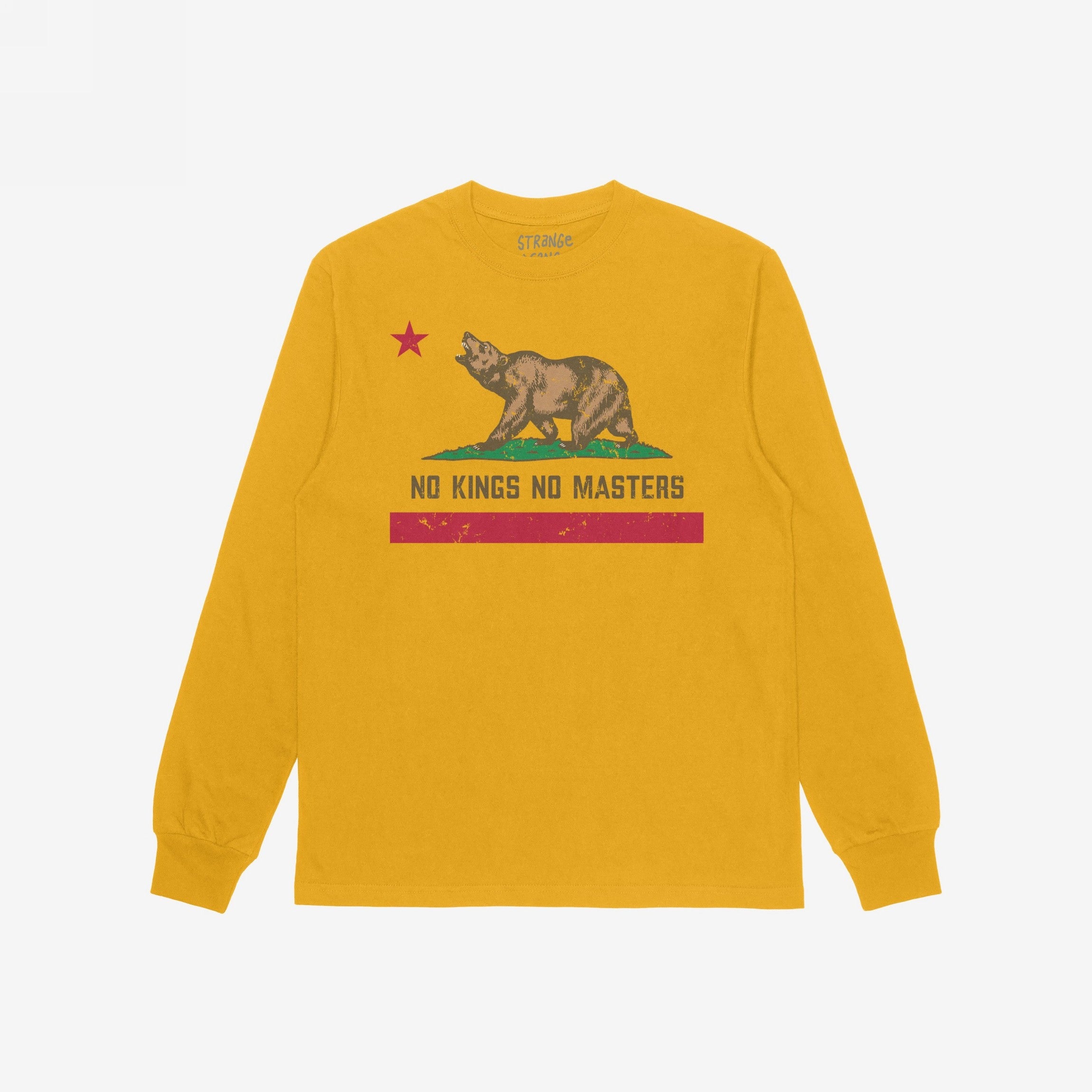 California No Kings Flag Shirt features a brown bear roaring on green grass, red star above, with the slogan NO KINGS NO MASTERS beneath, embodying autonomy and rebellion.
