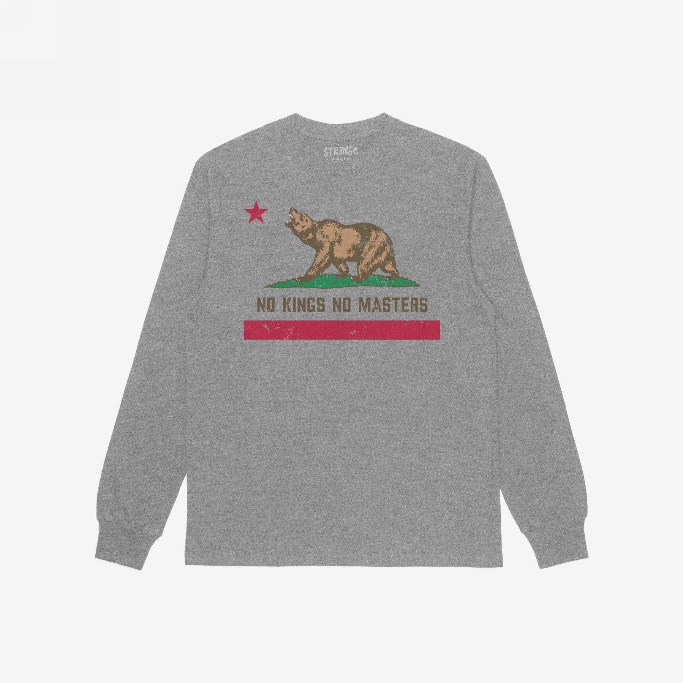 California No Kings Flag Shirt featuring a roaring bear and the phrase NO KINGS NO MASTERS, embodying autonomy and rebellion, laid flat with a design inspired by the California state flag.