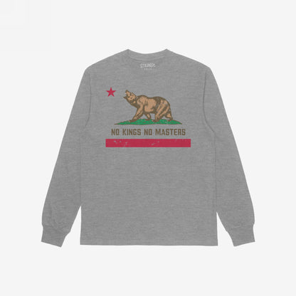 California No Kings Flag Shirt featuring a roaring bear and the phrase NO KINGS NO MASTERS, embodying autonomy and rebellion, laid flat with a design inspired by the California state flag.