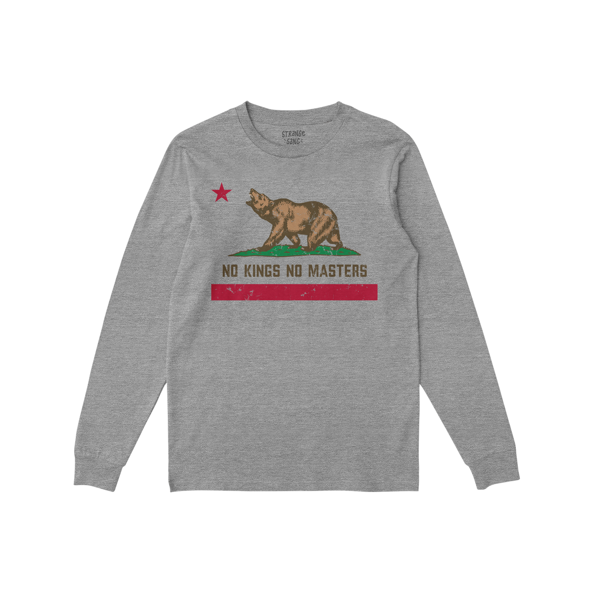 California No Kings Flag Shirt featuring a roaring bear and the phrase NO KINGS NO MASTERS, embodying autonomy and rebellion,