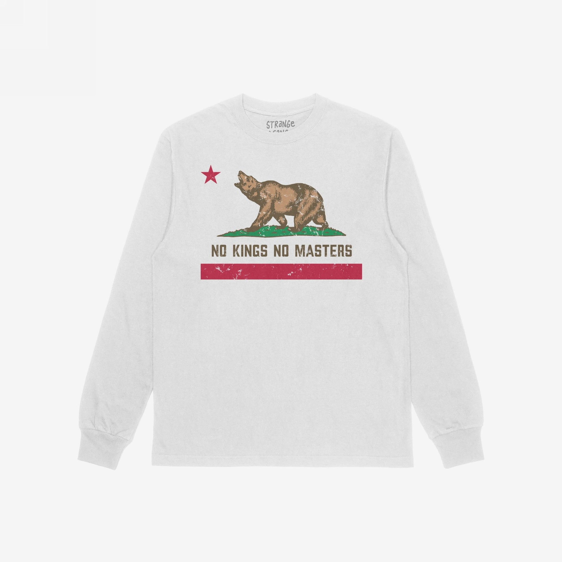 California No Kings Flag Shirt with a distressed California flag design features a roaring bear, red star, and slogan NO KINGS NO MASTERS, symbolizing rebellion and autonomy. Vintage-washed, long-sleeve style.