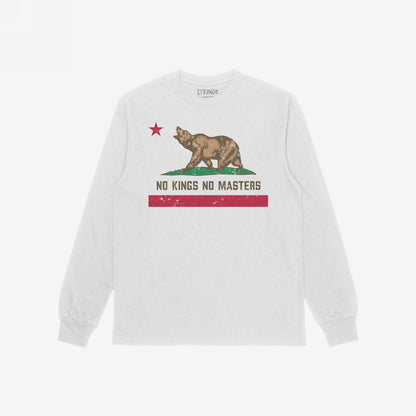 California No Kings Flag Shirt with a distressed California flag design features a roaring bear, red star, and slogan NO KINGS NO MASTERS, symbolizing rebellion and autonomy. Vintage-washed, long-sleeve style.