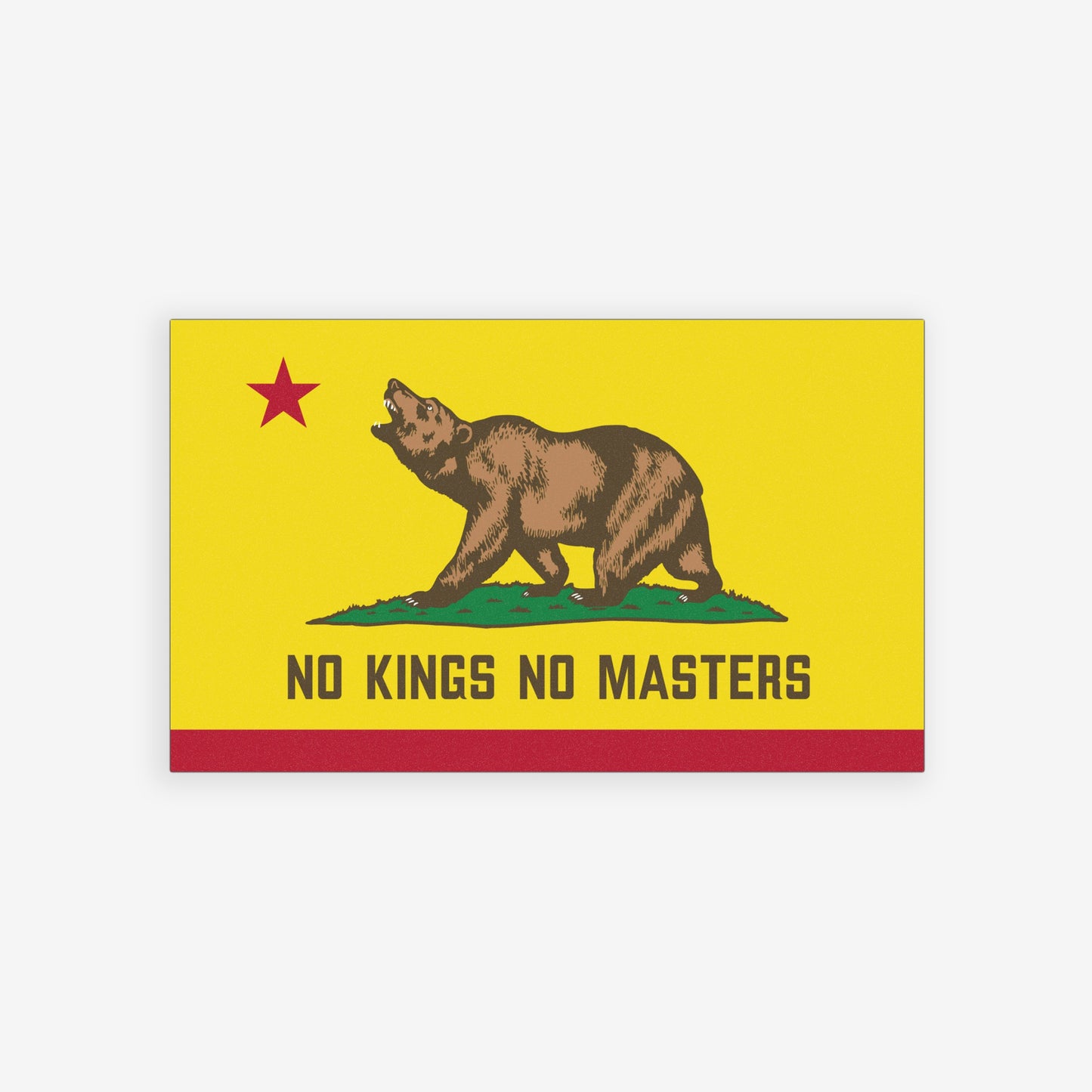 California Flag No Kings Sticker & Magnet features a brown bear on grass with a red star above, and bold text NO KINGS NO MASTERS at the bottom, symbolizing freedom and resistance.