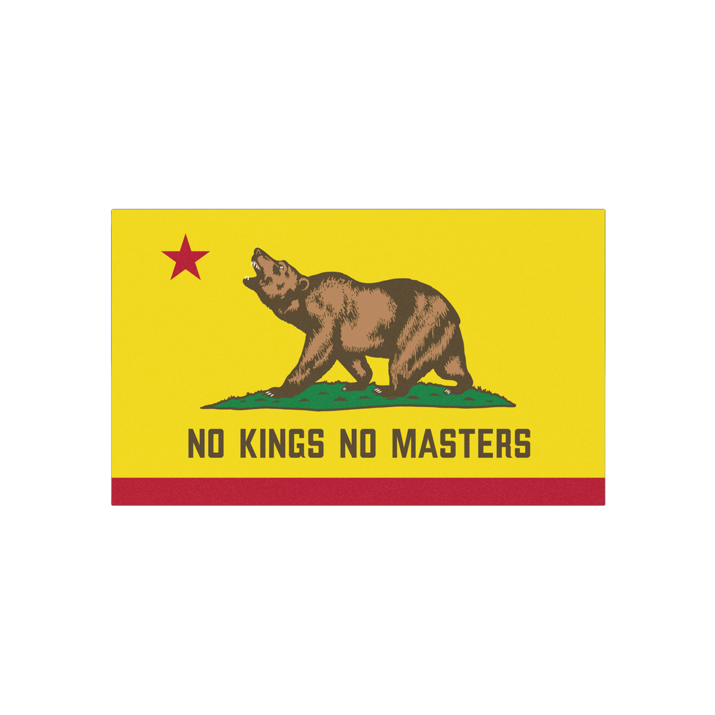 California Flag No Kings Sticker & Magnet features a brown bear on grass with a red star above, and bold text NO KINGS NO MAS