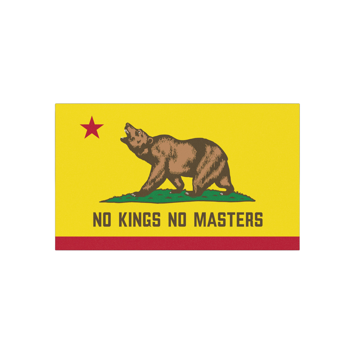 California Flag No Kings Sticker & Magnet features a brown bear on grass with a red star above, and bold text NO KINGS NO MAS
