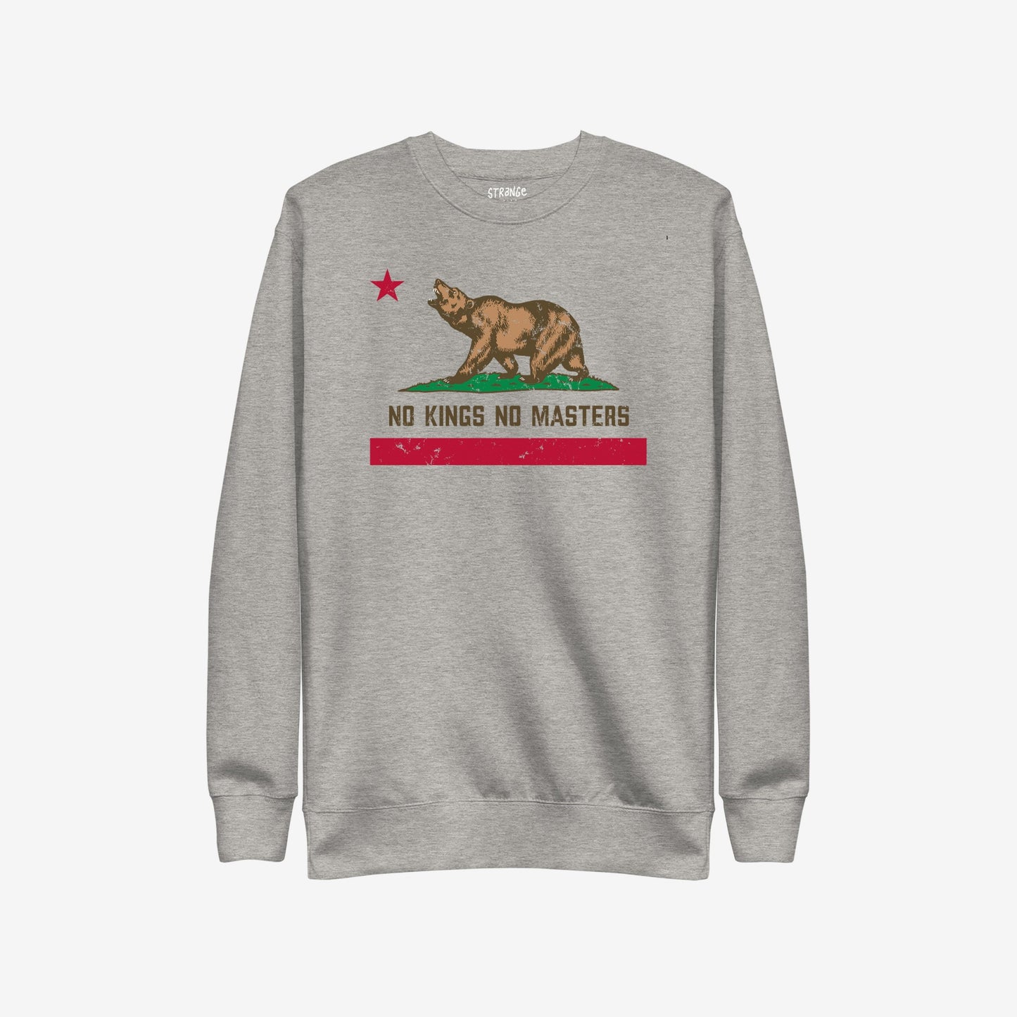 Heather-gray crewneck sweatshirt featuring a distressed California bear flag graphic with NO KINGS NO MASTERS slogan, emphasizing empowerment, aligning with the California No Kings Flag Hoodie & Sweatshirt theme.