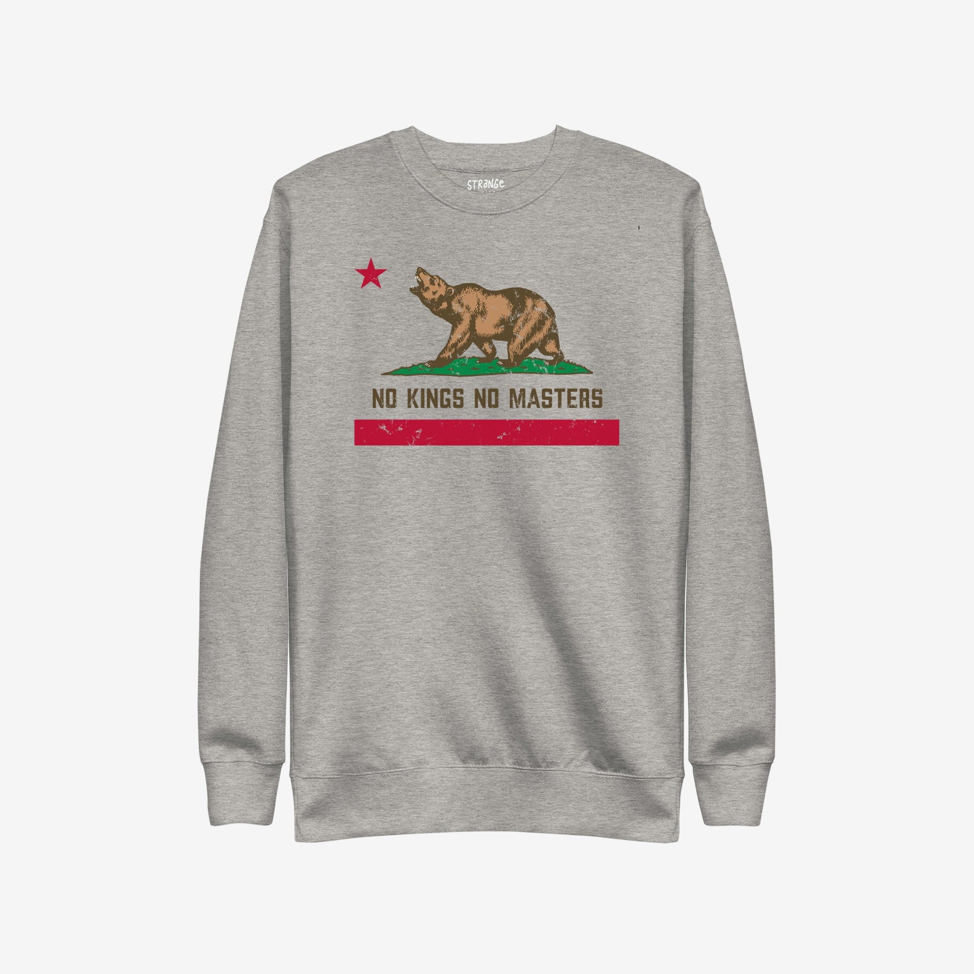Heather-gray crewneck sweatshirt featuring a distressed California bear flag graphic with NO KINGS NO MASTERS slogan, emphasizing empowerment, aligning with the California No Kings Flag Hoodie & Sweatshirt theme.